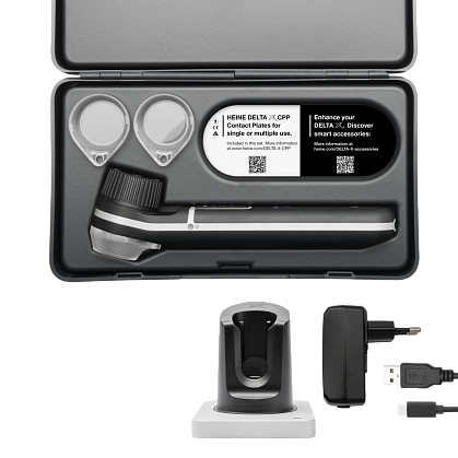Dermatoscope HEINE DELTA X, HEINE X CS1 Single desktop charger, E4-USBC power adapter, polymer contact plate (3 pcs), case